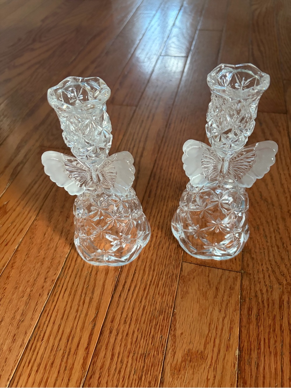 Vintage Hofbauer Bleikristall 3D Papillon Clear Glass Butterfly Candlestick Pair